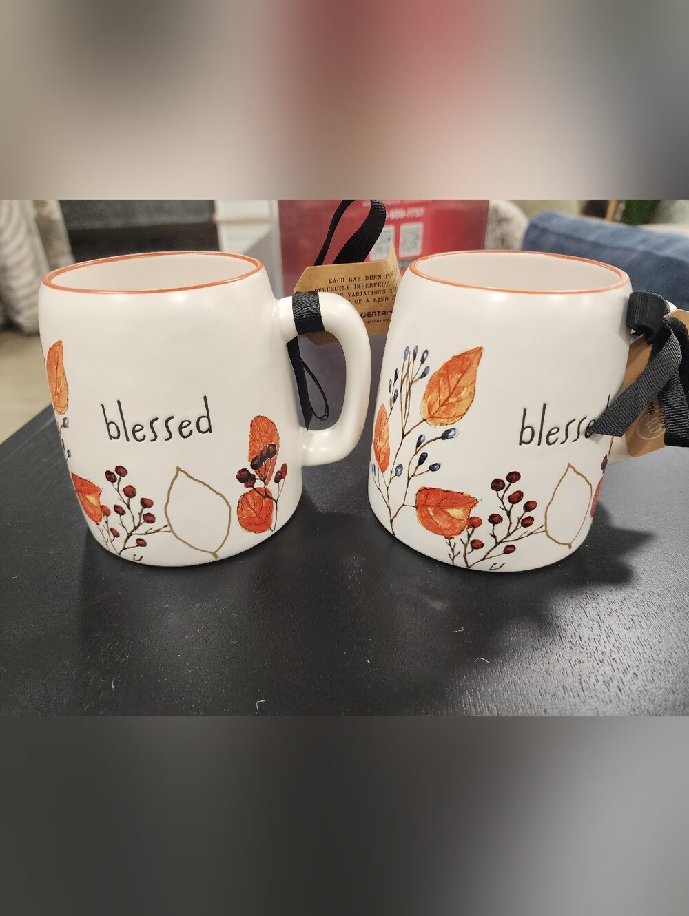 Rae Dunn Blessed White Ceramic Mug with Autumn Leaf Design- Set Of (2)